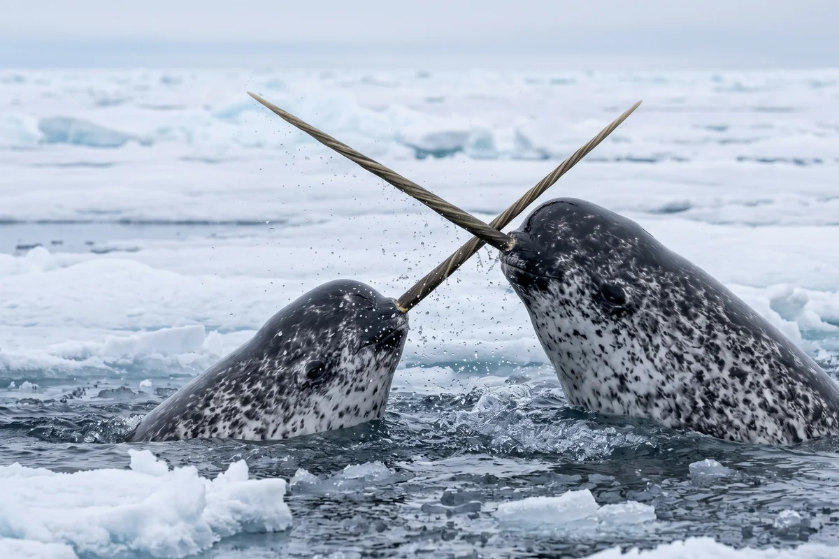 Illustration of two male narwhals 'tusking', crossing their long tusks above the Arctic water