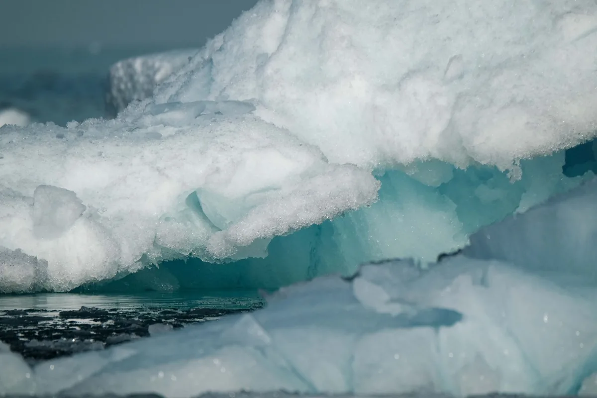 Detailed view of a floating iceberg in icy waters, showcasing its deep blue hues and textures.